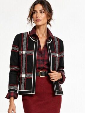 Alison Sheri Sweater Black Red Plaid Knit Cardigan